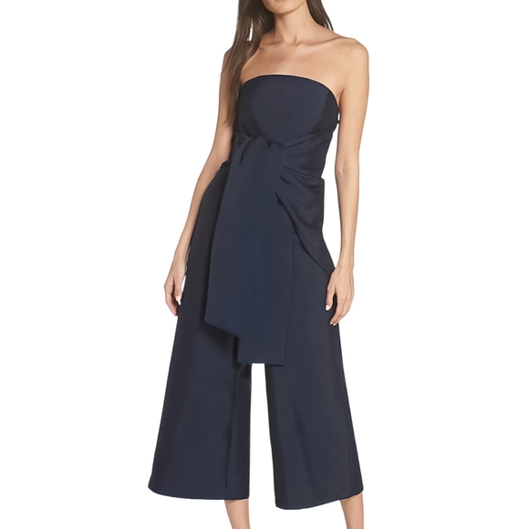 Keepsake the label jumpsuit Navy Blue Strapless Asymmetrical Knot Wide leg (S) - Picture 9 of 14